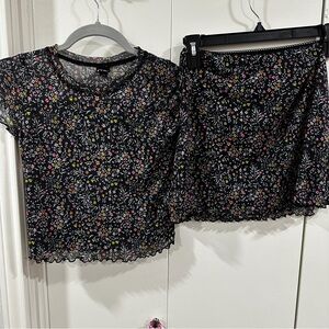 Sheer & Lined Colorful Floral Shirt and Skirt Set for Girls